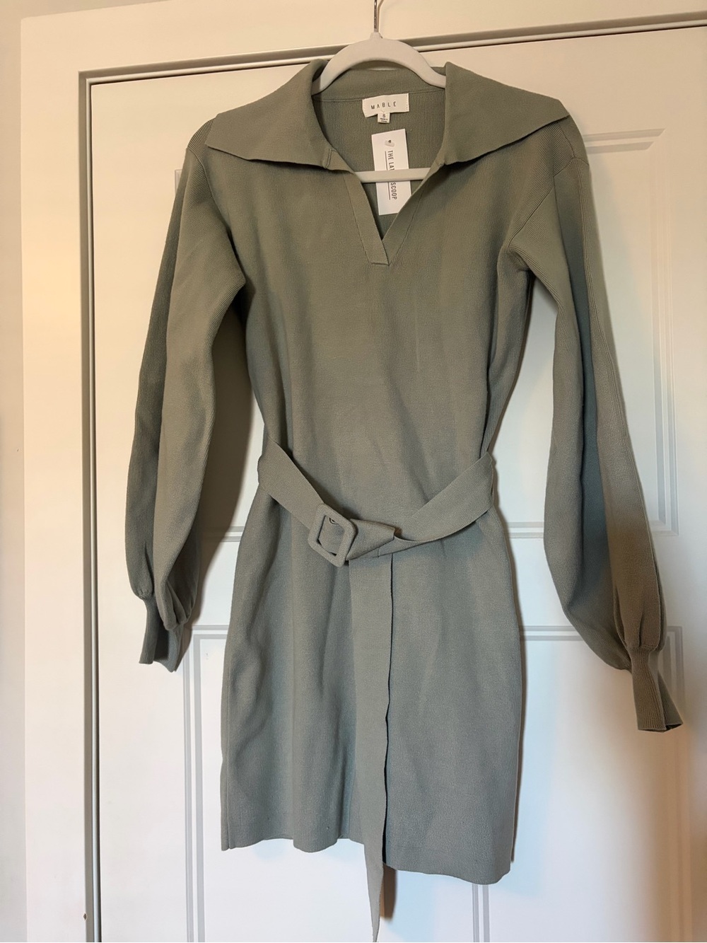 MARBLE Sage Green Long Sleeve Belted Sweater Dress